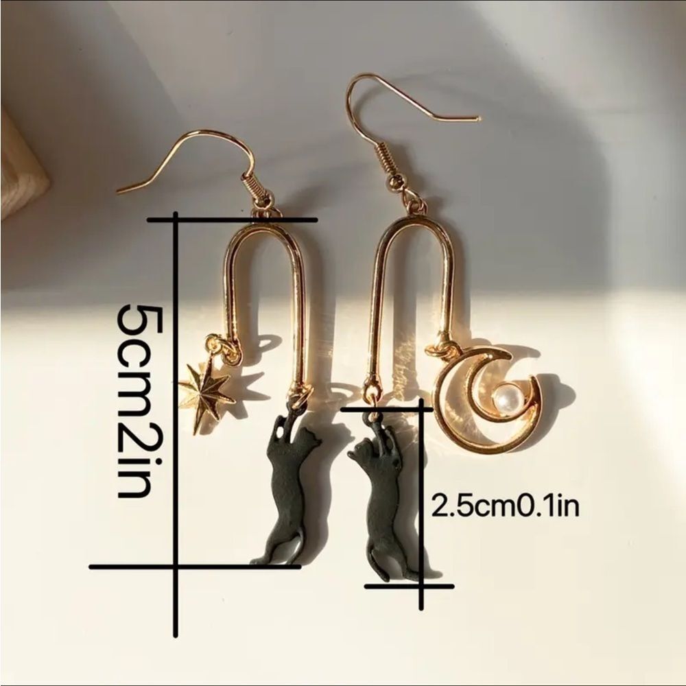 Elegant Gold Cat Dangle Crescent Moon Earrings - Picture 5 of 5